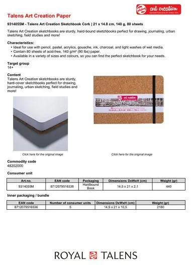 Skicár 12 x 12cm Art Creation v korkovej pevnej väzbe, 140g/m2, 80 listov 