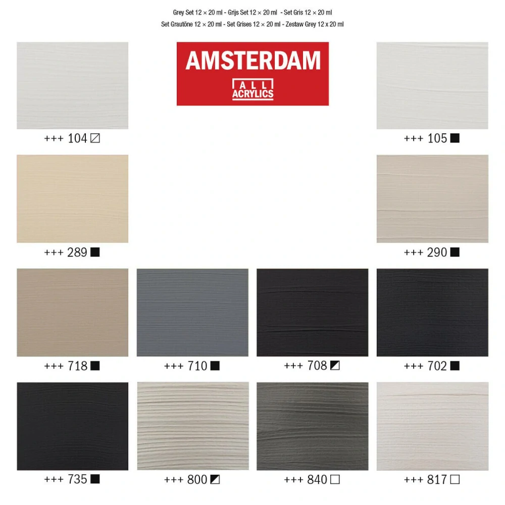 Sada 12x20ml akrylových farieb Amsterdam odtiene šedej
