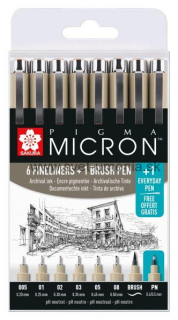 Sada 6 technických fixiek + štetec + 1 grátis Pigma Micron SAKURA