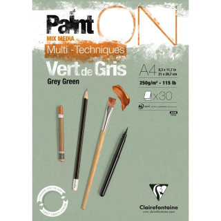 Skicár A4 Paint'On mix-media CLAIREFONTAINE - šedé listy, lepená väzba, 250g/m2, 30 listov