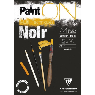 Skicár A4 Paint'On mix-media CLAIREFONTAINE - čierne listy, lepená väzba, 250g/m2, 20 listov