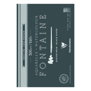 Skicár 18 x 26cm Fontaine na akvarel CLAIREFONTAINE - čierne listy, cold press, lepená väzba, 300g/m2, 15 listov
