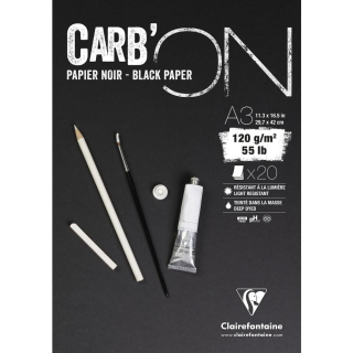 Skicár A3 Carb'ON mix media CLAIREFONTAINE - čierne listy, lepená väzba, 120g/m2, 20 listov